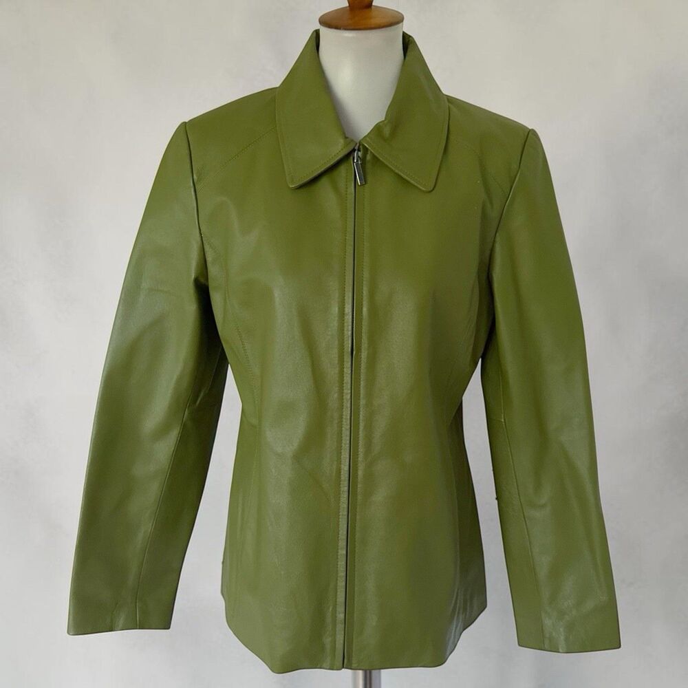 Vintage 90s/Y2K Moss Olive Green Full Zip Genuine Leather Jacket Size M Medium